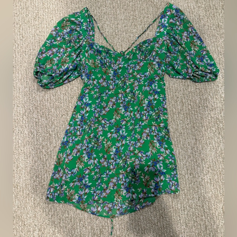Skylar + Madison Green Japanese Floral Puff Mini Dress with Tie Back